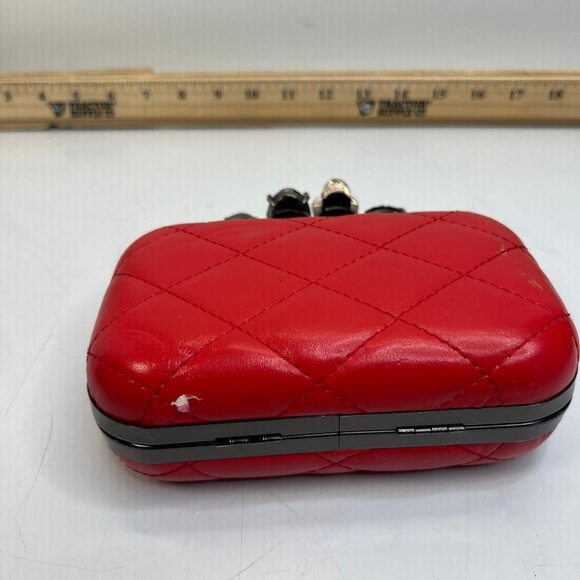 Paloma Picasso Red Quilted Skull Knuckle Clutch Bag Gothic Statement Purse - Picture 8 of 8